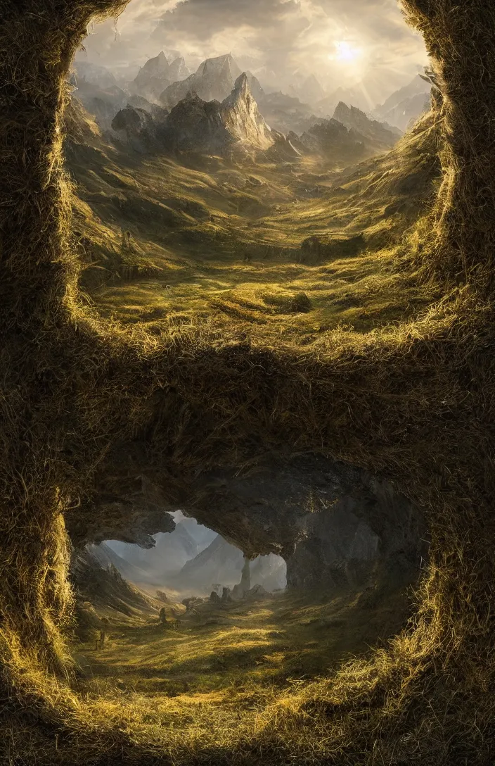 Image similar to a highly detailed light portal within a swiss landscape, detailed, hyperreal phantastic, intricate details in environment, luminance, golden ratio, high aestehtic, cinematic light dramatic light, godrays, distance, photobash, wideangle, terrence malick, hyperreal 4 k