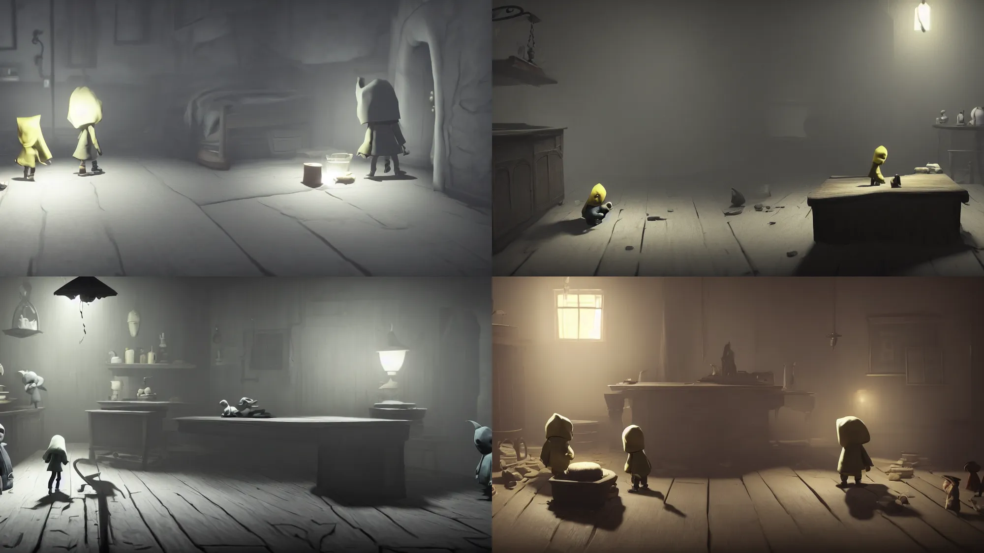 Prompt: Screenshots of game named Little nightmares, mystery scary horror, high resolution gameplay, 8k hdr render, highly detailed dark 3d artwork