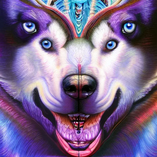 Prompt: photorealistic white alaskan husky as a dmt entity in the style of alex grey and michael whelan. hyperdetailed photorealism, 1 0 8 megapixels, amazing depth, high resolution, 3 d shading, 3 d finalrender, 3 d cinematic lighting, glowing rich colors, psychedelic overtones, artstation concept art.