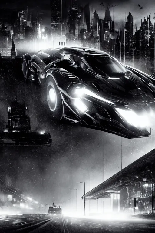 Image similar to the batmobile driving through gotham city at night. fluorescent light. pov from behind the wheel. octane render. 8 k. monochrome. black and white. mist. atmospheric. cinematic. imagined by laurie greasley.