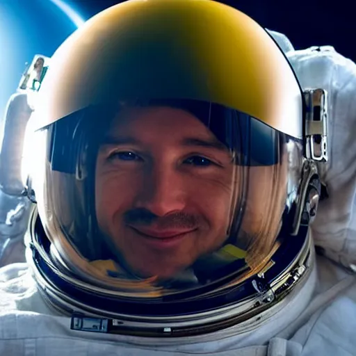Image similar to a close up photo of an astronaut floating in space. his helmet visor is dark and reflective. you can see the reflection of the photographer in his helmet visor.
