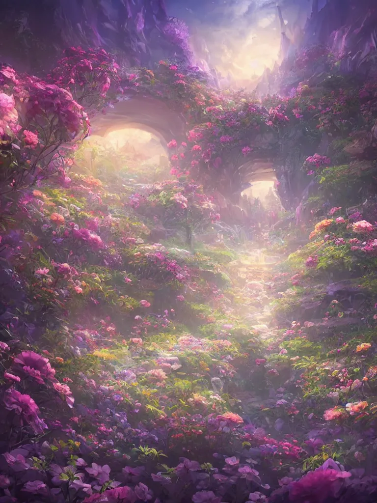 Image similar to a dream flower garden environment where one draws mystical energy into their lives, background art, pristine concept art, symmetrical in the style of WLOP and Ross Tran