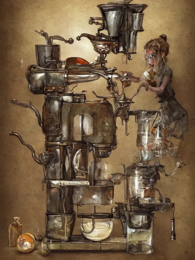 Image similar to ancient coffee machine, by Simon Stalenhaag, by Yoshita Amano, by Esao Andrews, sharp focus, fresh colors, deviantart