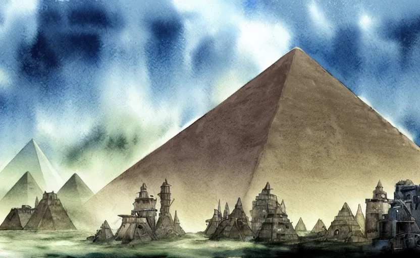 Image similar to a realistic and atmospheric cell - shaded watercolor concept art from howl's moving castle ( 2 0 0 4 ) of a sci - fi city and an egyptian pyramid complex in a flooded rainforest. very dull muted colors, hd, 4 k, hq