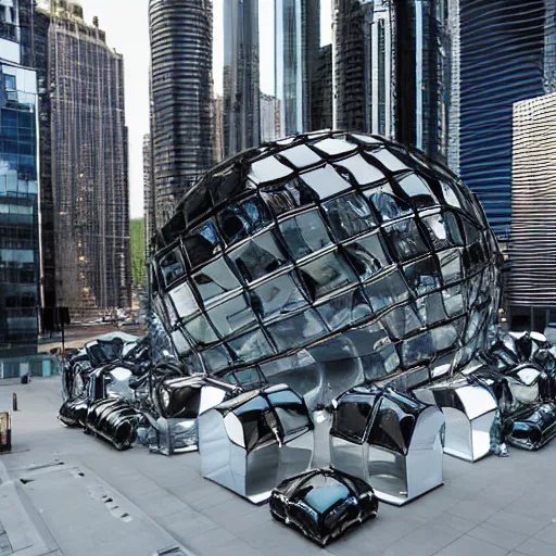 Image similar to a giant metallic obsidian cubic art installation constructed in the middle of an elegant sci - fi metropolis