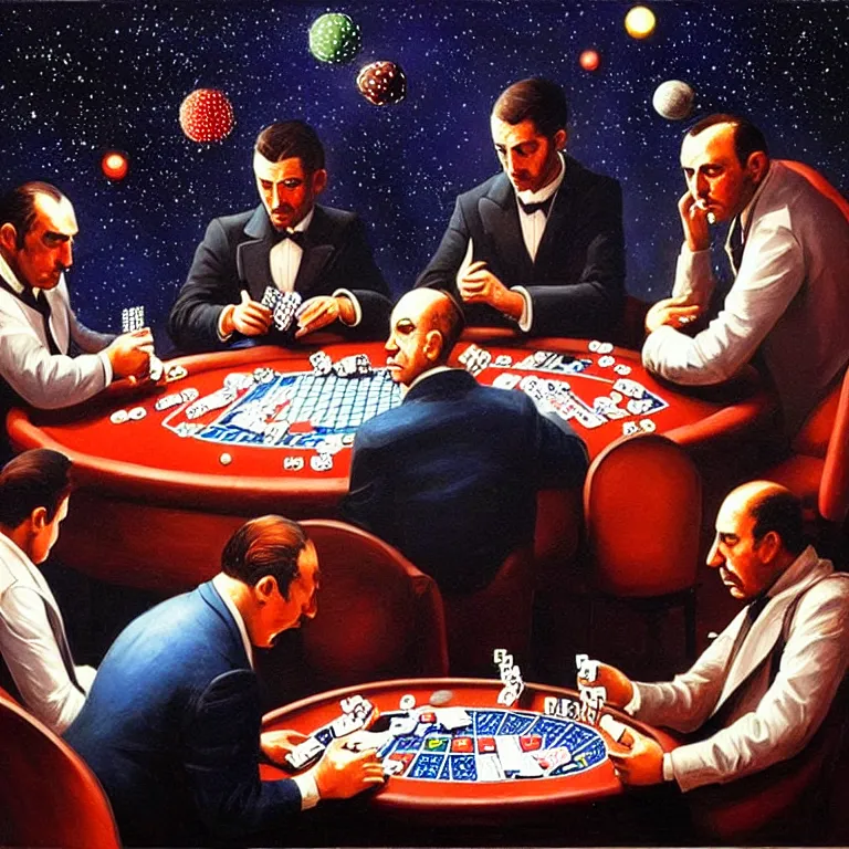 Image similar to Three mafiosi playing poker in open cosmos, star systems are visible in the background. Extremely high details, realistic, fantastic art, masterpiece, art by Alexei Leonov