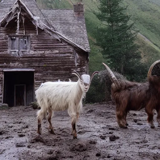 Prompt: horror, cinematic, still from film, daytime, muddy village square, wide shot, mutant goat monster with a mouth crammed full of sharp teeth, filthy matted fur and mountain goat horns, village square