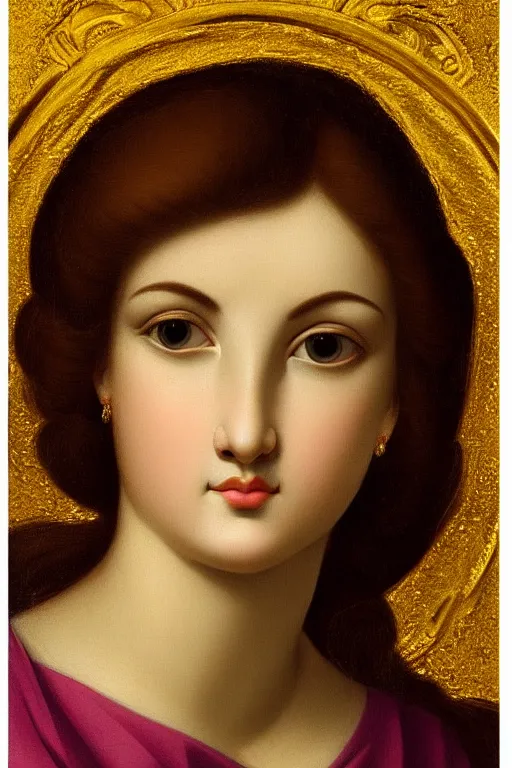 Prompt: Beautiful girl, calm face, closeup, ultra detailed, made in gold, Guido Reni style