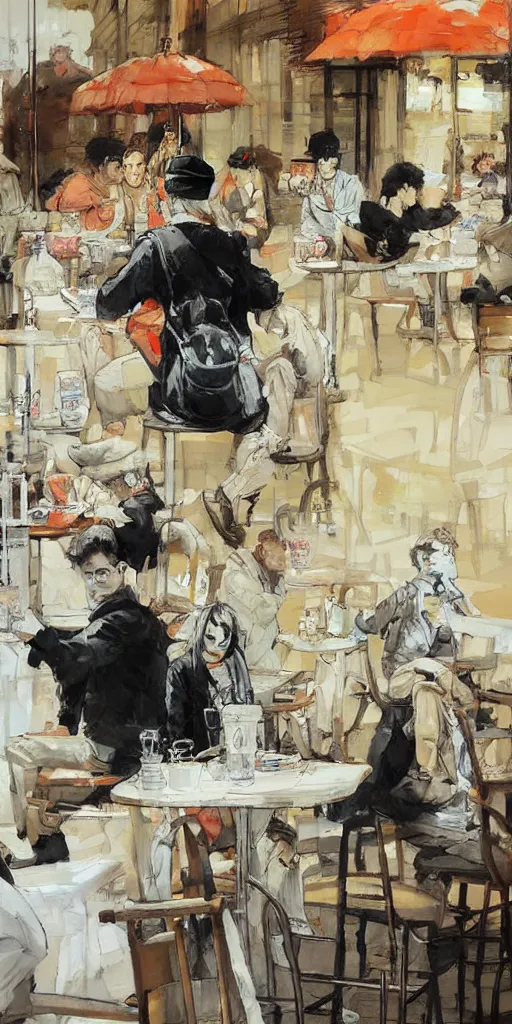 Image similar to oil painting scene from cafe by kim jung gi