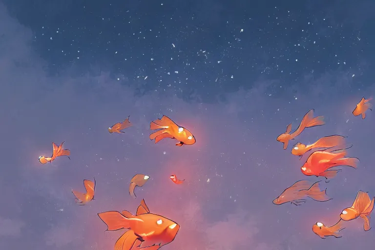 Image similar to fantasy art of glowing goldfish swimming in the air, in a japanese town at night, with people looking up in wonder, by makoto shinkai, highly detailed digital art, trending on artstation