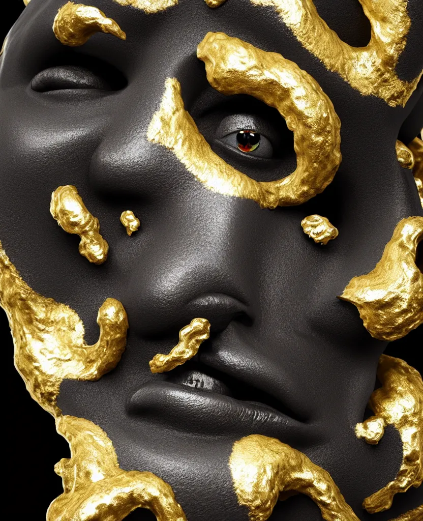 Image similar to fully black background. background hex 000000. goddess princess face close-up portrait ram skull. sculpture made of gold and black charcoal. jellyfish phoenix head, nautilus, orchid, skull, betta fish, bioluminiscent creatures, intricate artwork by Tooth Wu and wlop and beeple. octane render, trending on artstation, greg rutkowski very coherent symmetrical artwork. cinematic, hyper realism, high detail, octane render, 8k