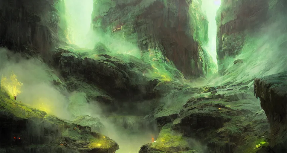 Prompt: beautiful green mountain, a big cave with a fire inside, by jeremy mann, by greg rutkowski, by noah bradley, digital painting