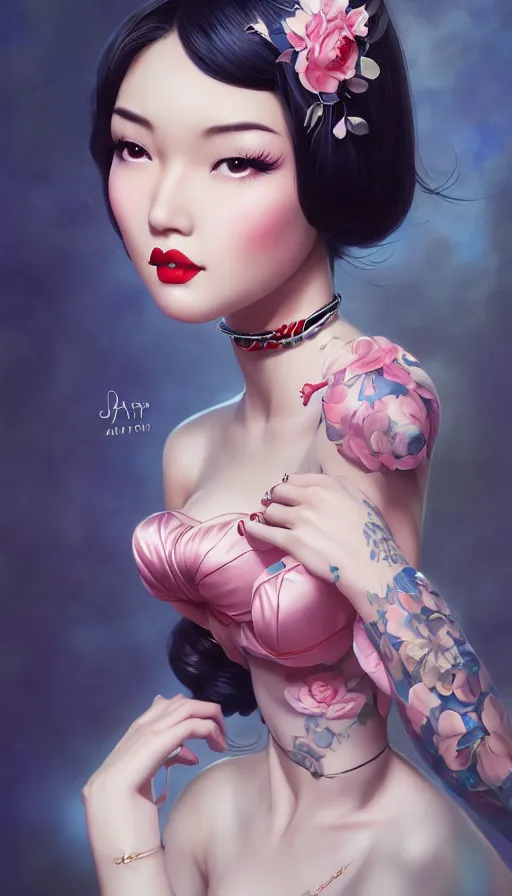 Image similar to a pin up and beautiful fashion and charming and dreamlke asian girl with lv jewelry, medium shot, art by artgerm & ross tran & wlop, hyperdetailed, 8 k realistic, symmetrical, frostbite 3 engine, cryengine, dof, trending on artstation, digital art