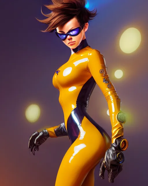 Prompt: tracer wearing a latex suit, thighs, perfect face, cinematic, stunning, cute, adorable, strong, highly detailed, psychedelic, digital painting, artstation, smooth, hard focus, illustration, art by jessica rossier and and brian froud