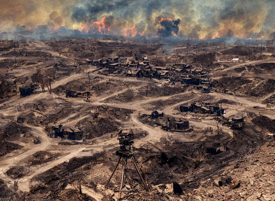 Prompt: Cinematic reverse aerial angle telephoto f2.8 iso 640 over the shoulder of a battle-worn survivor looking over a mid 1800s coal-mining town on fire in the sweltering desert heat, crows in the sky. Photorealistic, award winning, ultra high resolution, intricate details, UHD 8K