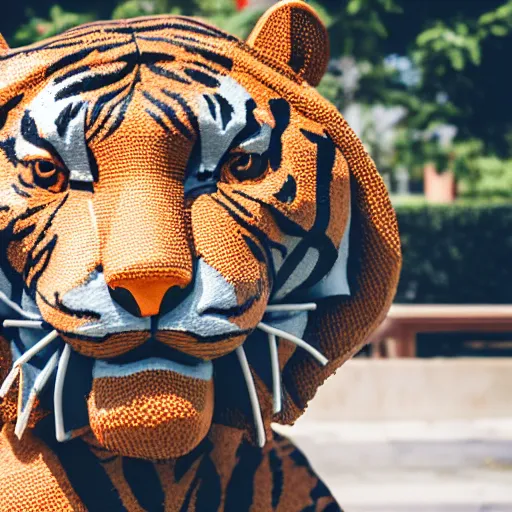 Prompt: a statue of a tiger [ made of rubber bands ], [ 4 k photorealism ]!!, trending on unsplash, 4 k