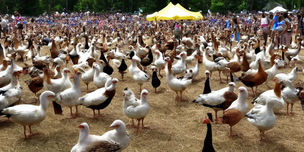 Prompt: summer music festival full of fowl. no humans. tex fowl