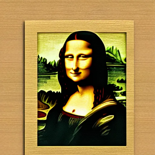 Image similar to a watercolor version of the mona lisa, textured paper on a wooden desk, top down view