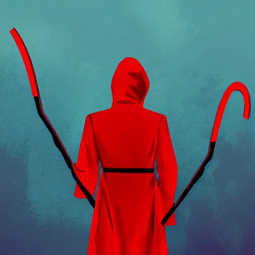 Prompt: Red hooded trench coat faceless person holding a scythe in a red background, cartoon style