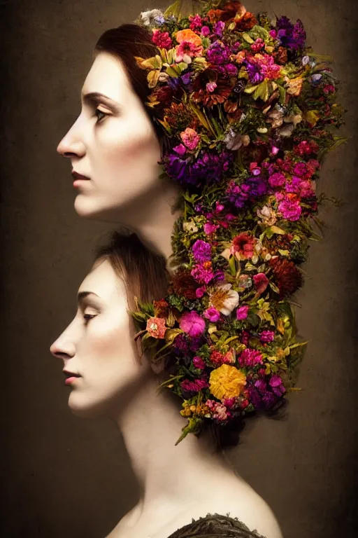 Prompt: a womans face in profile, made of flowers steampunk, in the style of the Dutch masters and Gregory Crewdson, impressive, dark, ethereal, dramatic, epic, a masterpiece, fine art with subtle redshift rendering