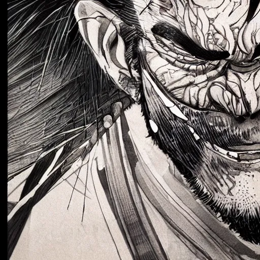 Image similar to a close up of an enraged samurai, stunning details, by kim jung gi