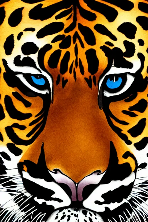 Image similar to 8K UHD tigerpunk leopard panther, long wavy fur, bright eyes, long fangs, medium full shot, colored asian ink drawing, anime, cartoon, Korean folk art