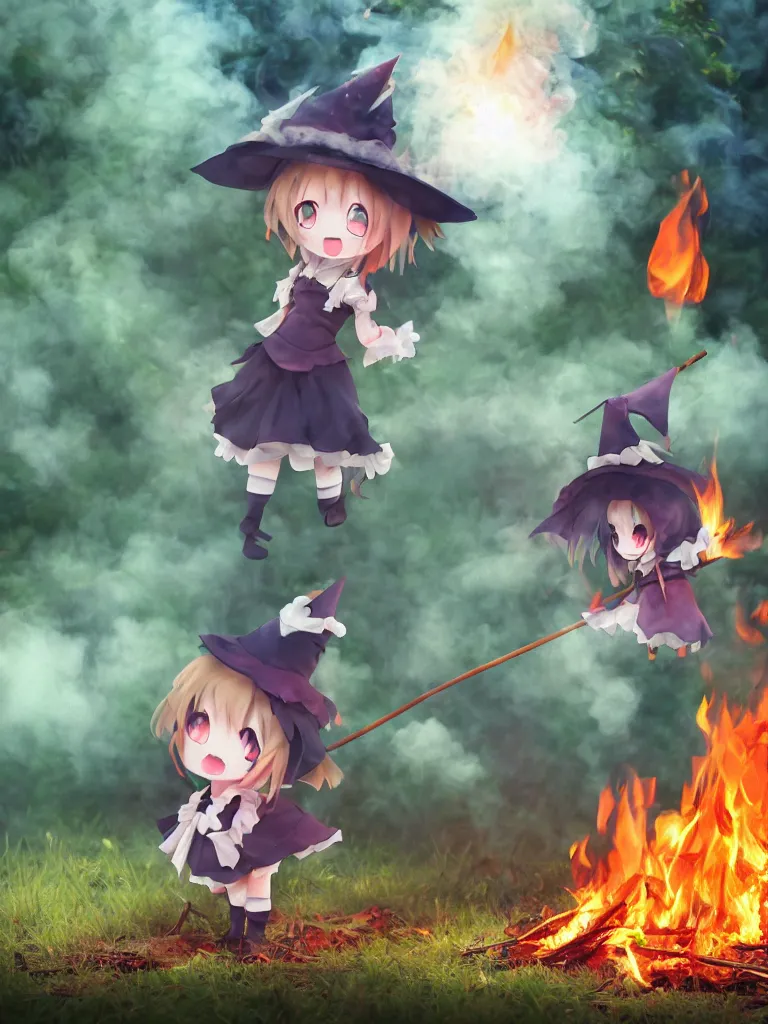 Image similar to cute fumo plush manic happy witch pyromaniac girl giddily starting a huge bonfire in the forest, anime, burning flames, warm glow and volumetric smoke vortices, rule of thirds composition, vignette, vray