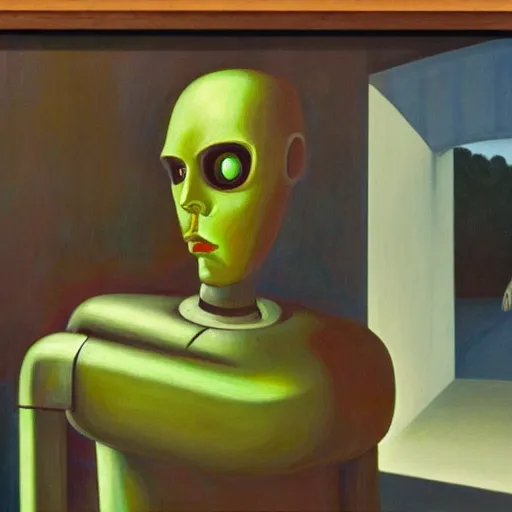 Image similar to sad robot portrait, visage, dystopian, pj crook, edward hopper, oil on canvas