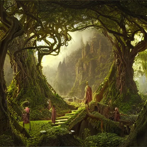 Image similar to a beautiful and highly detailed matte painting of an elven temple in a magical fantasy garden in a lush forest in the mystical mountains, celtic knots, tangled trees, celtic knotted vines, intricate details, epic scale, insanely complex, 8 k, sharp focus, hyperrealism, very realistic, by caspar friedrich, albert bierstadt, james gurney, brian froud,