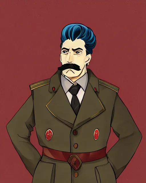 Image similar to Digital communist anime art of Iosif Stalin by A-1 studios, serious expression, empty warehouse background, highly detailed, spotlight