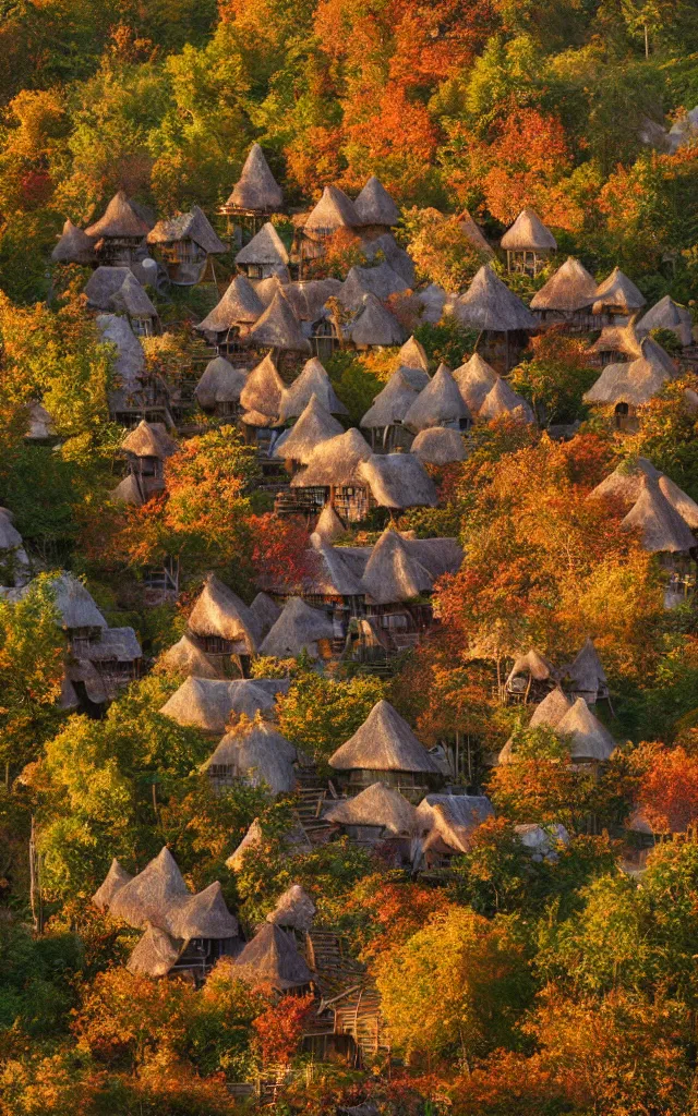 Prompt: a village full of tree houses with wooden ladders and thatched roofs, nestled in a forest, golden hour, autumn leaves, realistic high quality art digital art trending on artstation