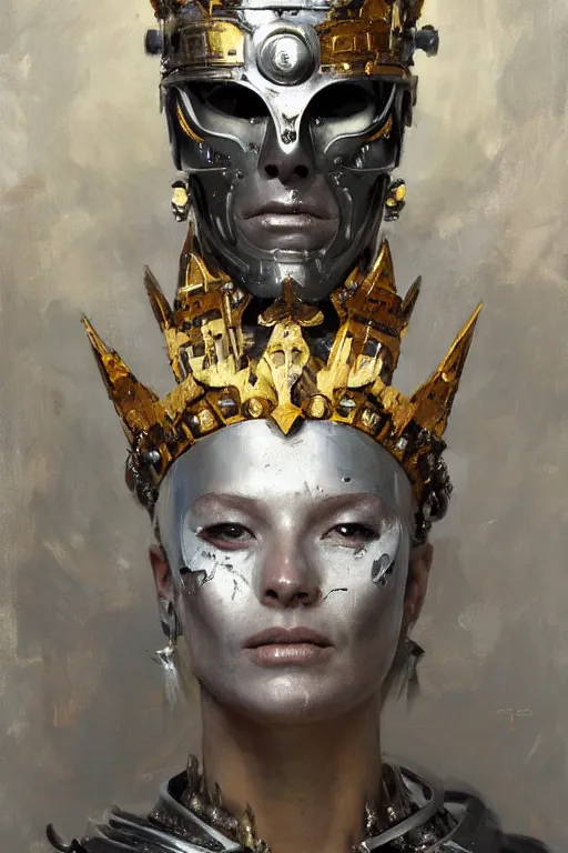 Image similar to beautiful expressive oil painting portrait of ancient cyborg god queen, silver armor, with a scratched gold skull mask ascending wearing a neo japan crown, art by anders zorn, wonderful masterpiece by greg rutkowski, beautiful cinematic light, american romanticism by greg manchess, jessica rossier