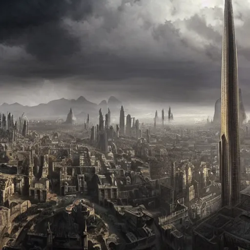 Prompt: an ultra detailed matte painting of the palace district high above the city on a massive column of stone, one impossibly tall black spire in the center that touches the clouds, ultrawide lense, aerial photography, volumetric lighting, exquisite detail, octane render, 8 k postprocessing, art by brandon sanderson and robert jordan