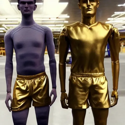 Image similar to a realistic detailed photo of a guy who is an attractive humanoid who is half robot and half humanoid, who is a male android, soccer players martin ødegaard & timo werner, shiny skin, posing like a statue, blank stare, in a factory, on display, showing off his muscles, gold soccer shorts, side view, looking at each other mindlessly