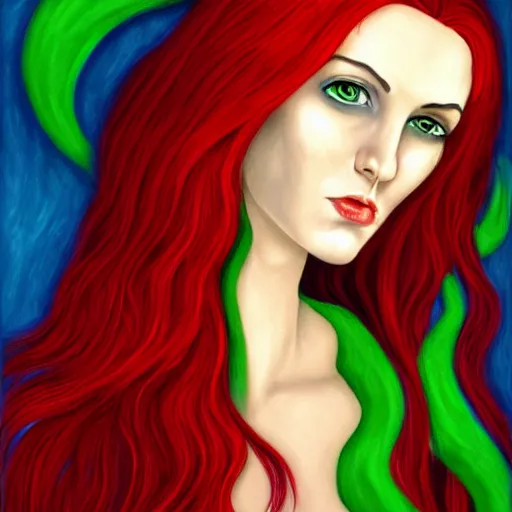 Prompt: portrait of a woman with long red hair and green eyes, flames swirl behind her, fantasy art