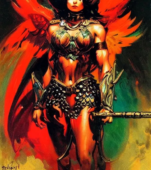 Image similar to portrait of strong iranian female chaos angel, beautiful! coherent! by frank frazetta, by brom, strong line, vivid neon color, spiked scrap metal armor, iron helm maximalist