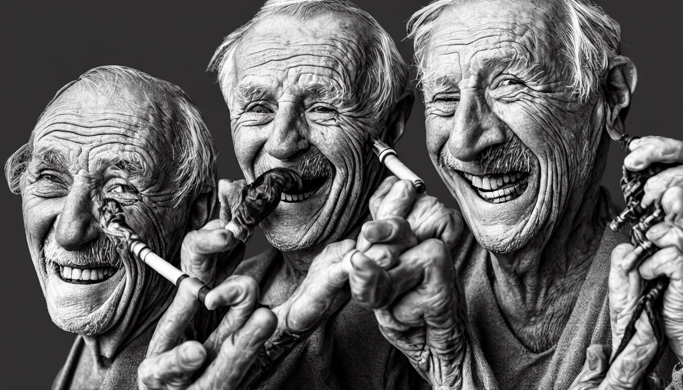 Image similar to hyper realistic color photo, portrait of a single weathered old man and aesthetic laughing woman smoking pipe, cables, vapour emerge from their eyes, dramatic lighting and shadow!!, full colour, upscale, 8 k, masterpiece