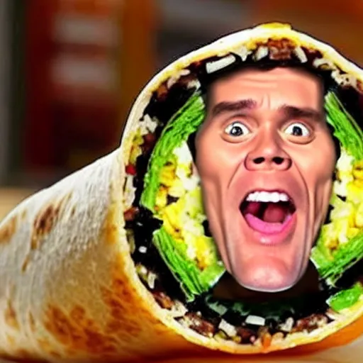 Image similar to jim carrey's head inside of a burrito, inside burrito, inside burrito