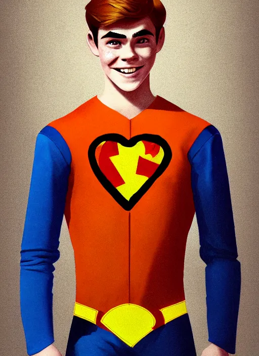 Image similar to friendly teenage archie andrews wearing an orange superhero costume with heart logo, heart, freckles, blue cape, heart emblem on chest, blue cape, intricate, elegant, glowing lights, highly detailed, digital painting, artstation, sharp focus, illustration, art by wlop, mars ravelo and greg rutkowski