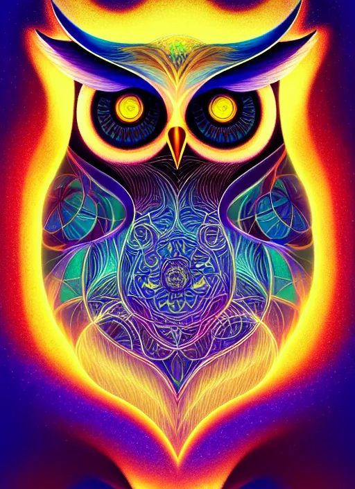 Image similar to symmetry!! product render poster vivid colors divine proportion owl, 神 圣, glowing fog intricate, elegant, highly detailed, digital painting, artstation, concept art, smooth, sharp focus, illustration,