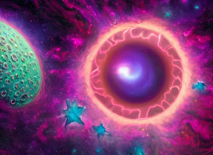 Prompt: intricate cosmic concept art matte painting of the birth of a bizarre lavender star cluster pantheon, huge black hole in the distance, stunning detail, hyperrealism, 1 6 k resolution, rendered in maya in a synthwave lisa frank palette, lovecraftian abstract cthulu cosmic formations