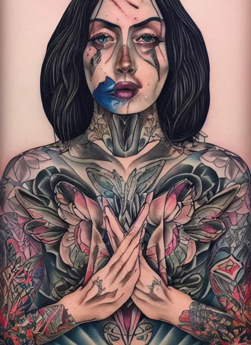 Image similar to beautiful enlightened woman instagram influencer with tattoos, tattooed skin, oil painting, robe, symmetrical face, dark ritual myth, by martine johanna masterpiece