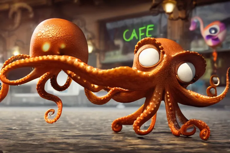 Prompt: Angry little octopus threaten with a fist from a cup of coffee in beautiful morning café in Paris. Pixar Disney 4K 3d render funny animation movie Oscar winning trending on ArtStation and Behance. Oscar Award winner