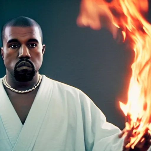 Image similar to cinematic film still of Kanye West starring as a Japanese Sensei with fire, Japanese CGI, VFX, 2003, 40mm lens, shallow depth of field, film photography