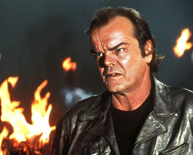 Prompt: Jack Nicholson plays Terminator wearing leather jacket and his endoskeleton is visible, walking out of flames