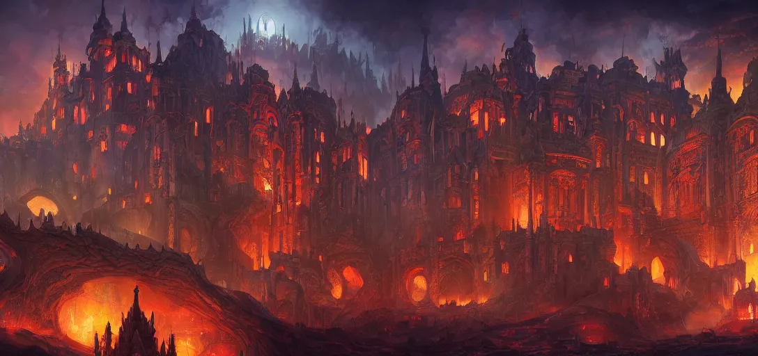 Prompt: of hell city in the deepest hell, with magnificent castle with elaborate ornamentation, fantasy art, Jordan Grimmer, Noah Bradley
