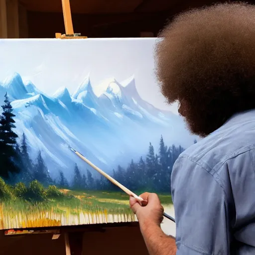 Prompt: a closeup photorealistic photograph of bob ross putting the finishing touches on a canvas painting that includes ashley schaeffer. mountains and trees. film still. brightly lit scene. this 4 k hd image is trending on artstation, featured on behance, well - rendered, extra crisp, features intricate detail, epic composition and the style of unreal engine.