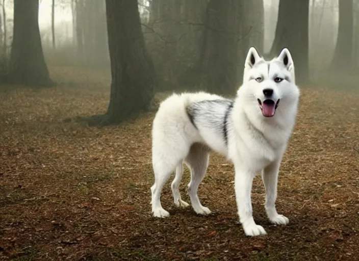 Image similar to film still of an anthropomorphic standing upright man dog white vested husky!!!!!! in a white vest wearing a white vest!!!!! in the new sci - fi movie, 8 k