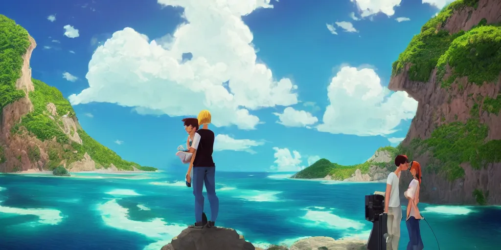 Image similar to a beautiful couple holding their hands on a cloud above emerald lagoon of Sint-Marteen with a marshall speaker with visible music coming from, CLOUD9 is written under the illustration, mattepainting concept Blizzard pixar maya engine on stylized background global illumination lighting artstation  lois van baarle, ilya kuvshinov, rossdraws