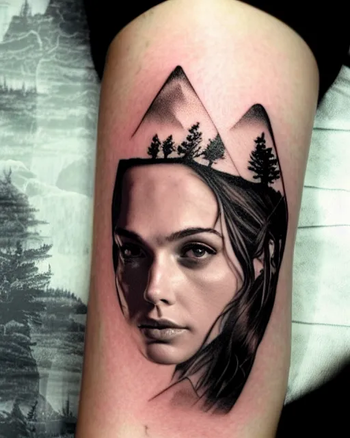 Image similar to creative double exposure effect tattoo design sketch of beautiful gal gadot faded with beautiful mountain scenery, realism tattoo, in the style of matteo pasqualin, amazing detail, sharp